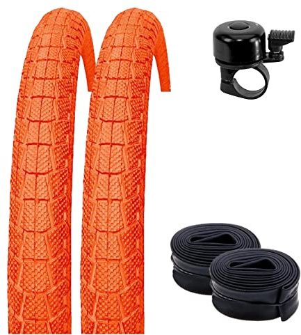 2 x Kenda K-907 Krackpot 20 BMX Fahrradreifen Fahrradmantel in Orange 50-406 (20 x 1.95) + 2 passende Schläuche AV inkl. Fahrradklingel