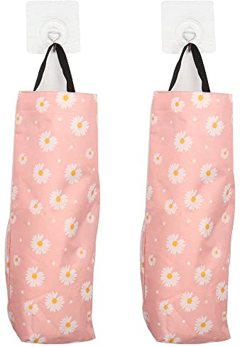 QIANRENON Lot de 2 sacs poubelle en plastique lavable avec support mural pliable pour cuisine, salle de bain, salon, bureau, camping-car avec 2 crochets, rose pâquerette