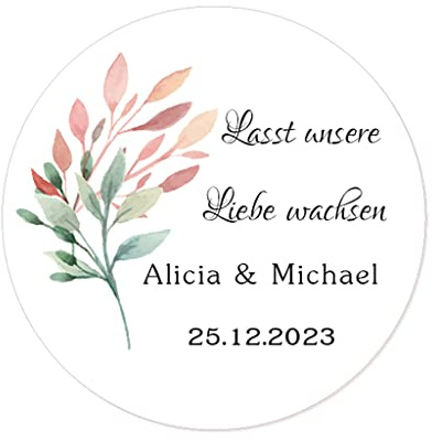 50 STICKERS Blumen PERSONALISIERT 'Lasst unsere Liebe wachsen' Hochzeit Aufkleber, 40mm Runde Liebe Saat/Blumensamen Etiketten für Hochzeit,Taufe,Konfirmation,Gastgeschenk,Tüten - Rd 281 (003)
