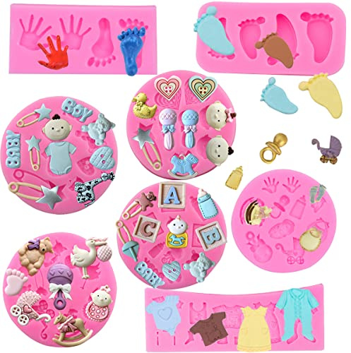 ZOOMPIL 3D Baby Silikonformen, 8 Stück Silikon Fondant Kuchen Formen, Kleidung Formen & Footprint Form Babyform, für Baby Shower Geburtstagsfeier Kuchen Dekoration