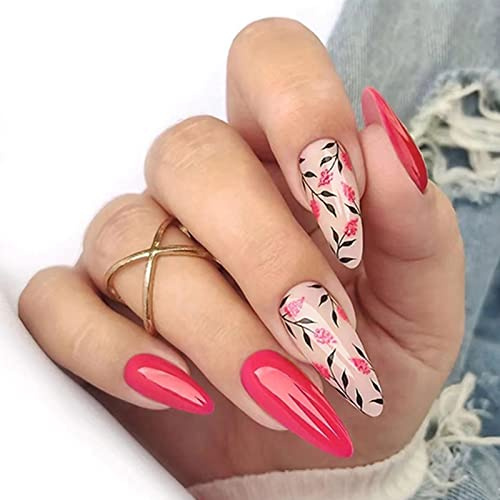 Ceboic 24 Stück Nägel Zum Aufkleben Mittel Mandel, French Rosenrot Blumen Künstliche Nägel, Stiletto Kunstnägel Press on Nails mit Nagelkleber Aufkleber, Acryl Fingernägel Zum Aufkleben für Frauen