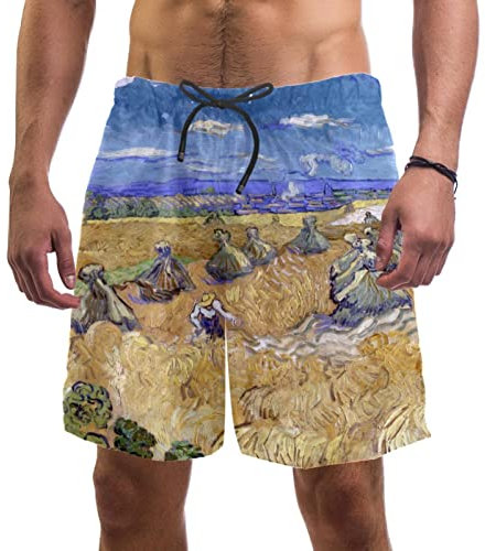 WOSHJIUK Herren-Shorts,Badehose,schnell trocknend,Feld Ölmalerei,Board Short Outdoor Walk Beach Bademode