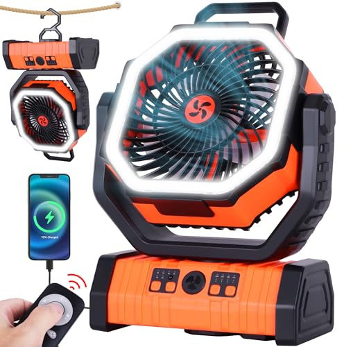 TDLOL 20000mAh Emergency Battery Powered Fan & LED Light, Battery Operated Rechargeable Fan for Power Outage, Car Defrosting, Indoor Use with 360° Oscillating & Hook, 8H Timer, Portable Camping Fan
