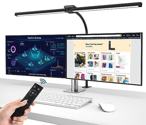 brightower Doppelkopf Schreibtischlampe LED Dimmbar, 24W 80CM Schreibtischlampe klemmbar für Homeoffice, Augenschutz Tageslichtlampe mit Fernbedienungen, Schwanenhals Büro Tischlampe 5 Farbmodi