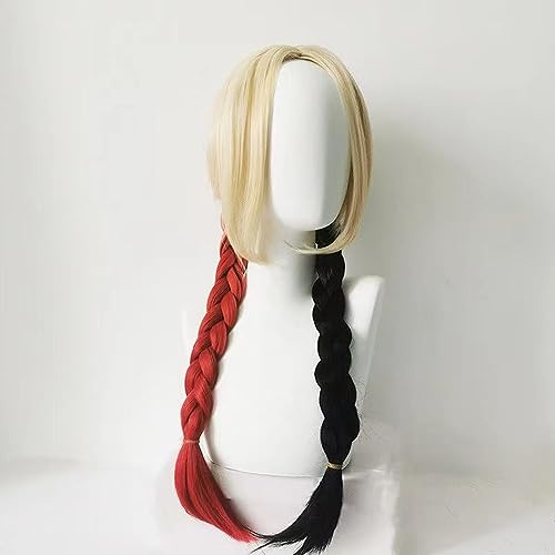 NEZIH Anime Coer Wig Cosplay Perücke Harley Quinn Perücken Halloween Kostüme Haare, Rote Und Schwarze Zopf-Perücke Mit Farbverlauf, Mit Perückenkappe, Dekorationszubehör, Anime-Geschenk