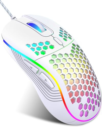 JYCSTE Wired gaming mouse, RGB backlighting and 7200 adjustable DPI, ergonomic and lightweight USB computer mouse with high-precision sensor for Windows PC & laptop (White)