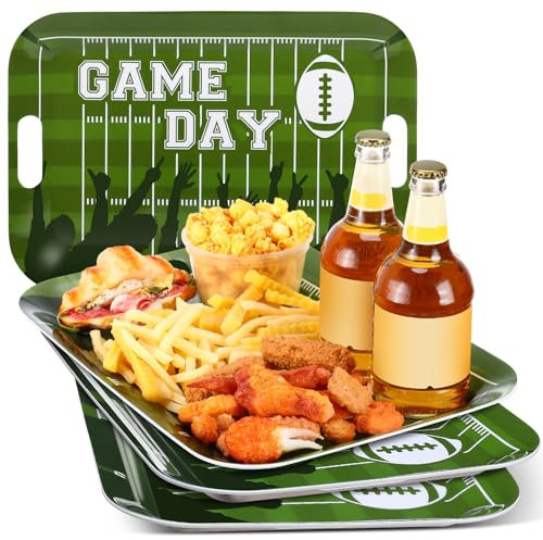 Maxcheck 4 Stück Game Day Fußball-Serviertablett 40,6 x 27,9 cm, rechteckig, Fußball-Party-Platten, Teller, Fußballstadion, Servierschale mit Griff, für Fußball-Partys, Geburtstagsdekoration