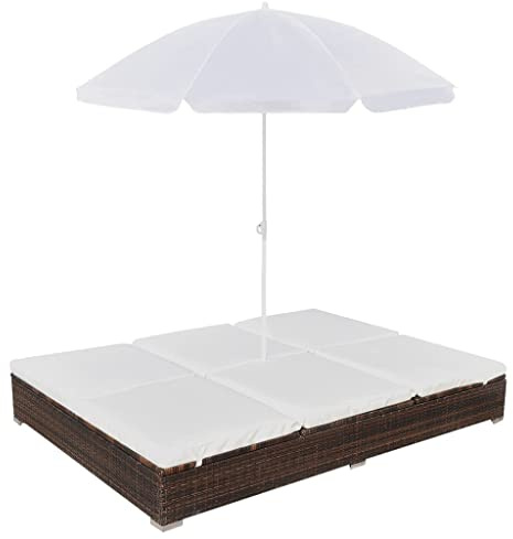 vidaXL Patio Double Lounge Bed with UV-Protective Umbrella - All-Weather Poly Rattan, Adjustable, Comfortable & Easy to Assemble – Brown and Cream-Polyester