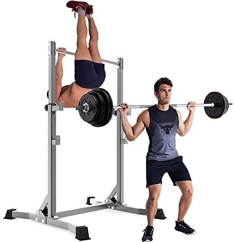 Squat-Rack und höhenverstellbare Klimmzugstange, multifunktionaler Squat-Ständer, maximale Belastung 300 kg, Hantelbank-Unterstützung, Fitness-Langhantel-Rack, Dip-Ständer