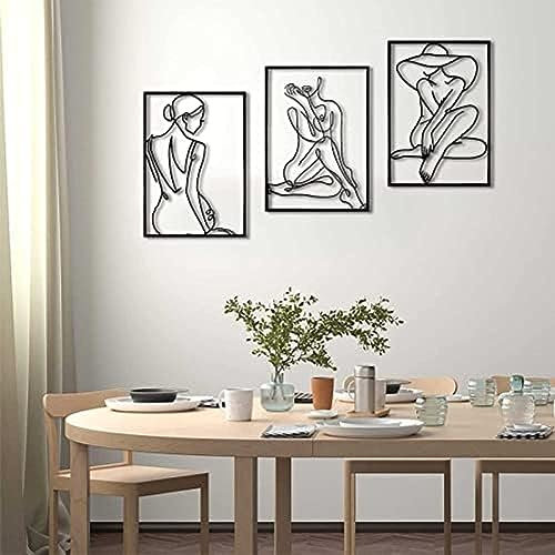 3 Stück Moderne abstrakte weibliche Single-Line-Kunst, Metall-Frauen-Wandskulpturen, 3D-minimalistische hängende Wanddekoration, Schwarze Kunst-Wanddekoration