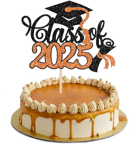 Xsstarmi 1 Pack Class of 2025 Cake Topper Glitter Grad Cap Diploma Done Cake Pick for Congrats Grad 2025 Graduation Party Cake Decorations Supplies Black Orange