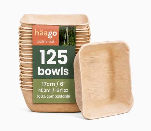 HAAGO 125 Palm Leaf Bowls, 450 ml Square Disposable Bowls – 17 cm Party Bowls for Hot & Cold Food, Snacks, Pasta & Desserts – Compostable, Microwave, Oven & Freezer Safe, Natural Wooden Bamboo-Look