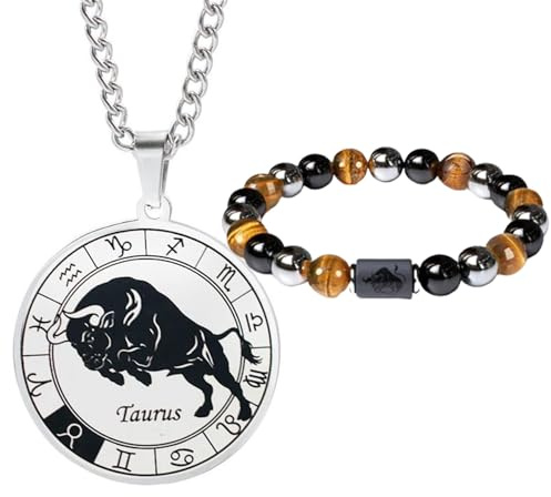 Caimeytie herren Sternzeichen Halskette und Armband Set- Sternbild halskette edelstahl-Münzanhänger-Elastisches Perlenarmband-Geburtstagsgeschenk Schmuck