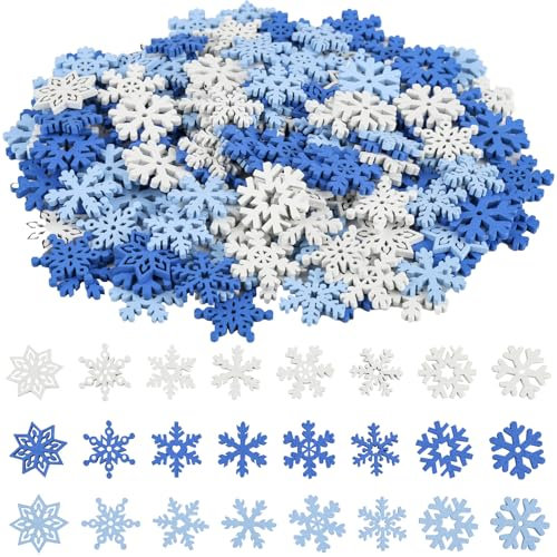 150 Pezzi Fiocchi di Neve in Legno di Natale Ornamento, 25 mm Decorazione Sparsa Fiocco di Neve in Legno con 8 forme, Blu e Bianco Fiocco di Neve Decorazioni per Natale Decorazione Inverno