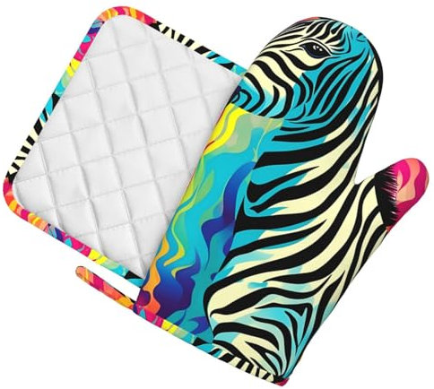 Oven Mitts and Pot Holders 2 pcs Set Oven Glove for Cooking Colored Zebra Oven Mitt Heat Resistant Kitchen Oven Gloves and Hot Pads Non-Slip Cooking Gloves for Baking Kitchen Hot Pads