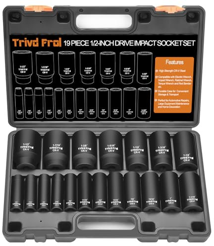 SAE Impact Socket Set - 1/2 Drive, 19pc Deep Socket Set 3/8 to 1-1/2, Cr-V Steel, Double Lock Case