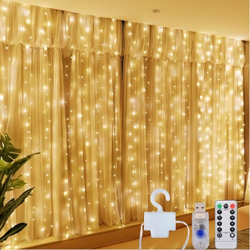 Clearhill 3 * 3Curtain String Lights, 300LED，Warm，8 Modes Fairy Hanging Lights with Remote & Timer, USB Operated, Waterproof for Indoor/Outdoor Decorations - Bedroom, Wedding, Party