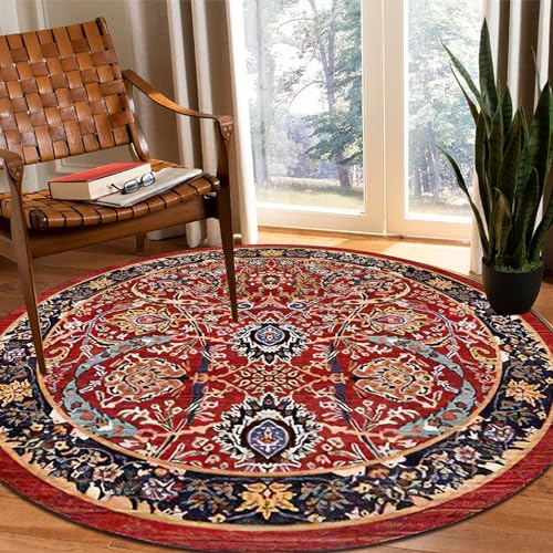 GUGJHFVH Alfombra de Salón, El Hogar Alfombras Dormitorio,Fácil Mantenimiento Lavable Suave Pila Corta Fondo Rojo Floral Estilo Étnico, ø 180 cm