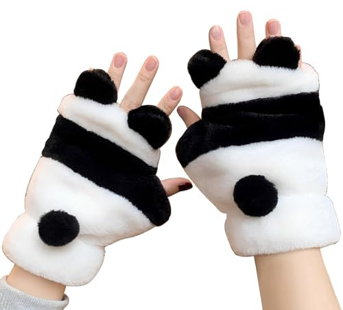 Cosswe Damen Halbfingerhandschuhe, Handschuhe süße Tierform Fingerlose Winter Plüschhandschuhe Handschuhe Weiche Panda Kälteschutz Handschuhe Tragbarer Handwärmer für Indoor, Outdoor, Büro, Einkaufen