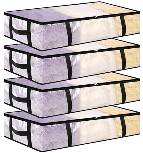Dntorx 4 Stück 90L Unterbett Aufbewahrungsbox mit Deckel Groß, Transparente Unterbettkommode Faltbare Aufbewahrungstasche mit Griff, Unterbett Aufbewahrung für Bettdecken Kissen Kleidung Aufbewahrung