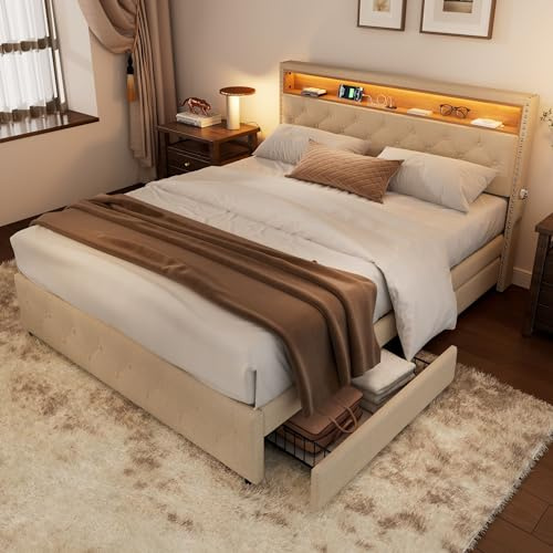 Laxnb Upholstered Bed 4ft6 Double Bed Frame 135x190cm with 4 Storage Drawers, Headboard with LED Light and Shelf, Storage Bed Frame with Slats, Bedside Pocket Design, Linen Beige, No Mattress