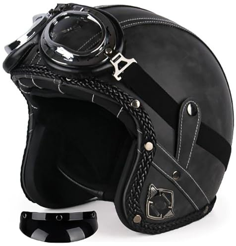 Vintage Casco Moto Jet Casco Scooter Ciclomotore Retrò Moto Mezzo Casco In Pelle 3/4 Con Occhiali Casco Aperto Per Donna E Uomo Adulto Caschi Cromwell Omologato DOT/ECE