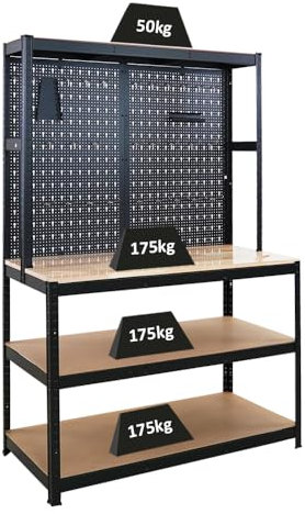 PROREGAL Profi Werkbank Giant Beast mit Lochwand HxBxT 180x120x60cm Fachlast 175kg inkl. Werkzeughalter Set Schwarz Werkbankregal Werkzeugbank Arbeitstisch