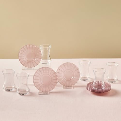Karaca Luna Turkish Tea Cups Set of 12, Turkish Tea Glasses Cups and Saucers for 6 People, 130ml, Light Pink