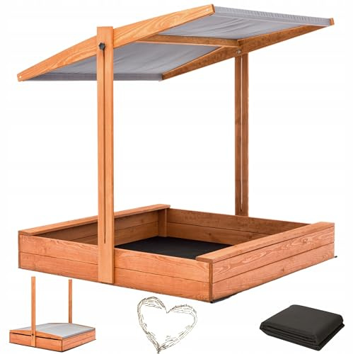 Sandkasten mit Dach 140x140 Imprägniert Modell 2025 mit Sonnenschutz mit UV 100+ Schutz Sandbox mit Sandkastenvlies Holz, Sandkiste Sandbox (140x140 Dach Grau)