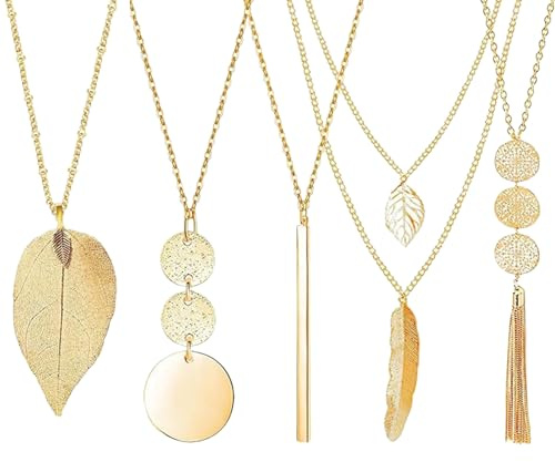 LIUYIDM 5 Stück Modeschmuck Kette Lang Ketten, Lange Pullover Halsketten, Feder Kreis Blatt Schloss Quaste Y-Halskette Schmuck-Set, Goldschmuck