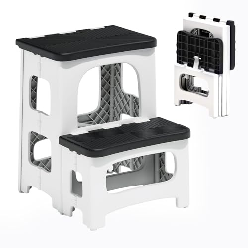 2 Step Stool Foldable, Non-Slip Steps, Folding Step Stool for Adults & Kids, Plastic Stool Pool Ladder, Collapsible Stools 2 Step Ladder for Kitchen Toilet Bedroom Office RV, Holds 330 lbs