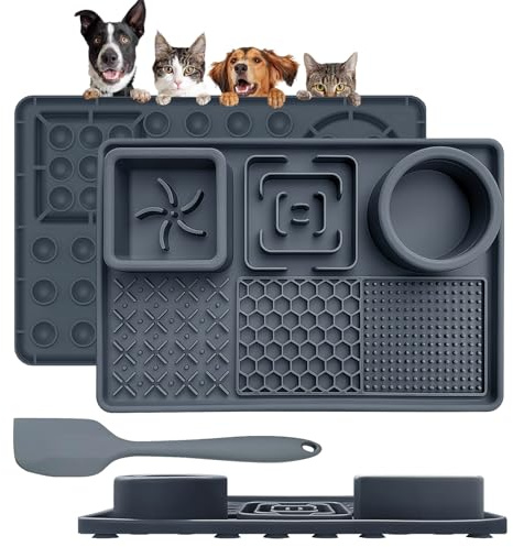 Cooltto 1 Stück Schleckmatte Hund Leckmatte Hund Katze Napfunterlage Silikon mit Saugnapf Futtermatten mit Spachtel für Haustiere Hunde Baden Trainieren Fellpflege Klauenpflege Unterlage-Dunkelgrau