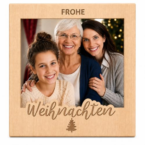 LeniSch Frohe Weihnachten Bilderrahmen – Magnetischer Holz Fotorahmen für persönliches Foto (9×9 cm) – Geschenkidee für Familie, Freunde oder Partner