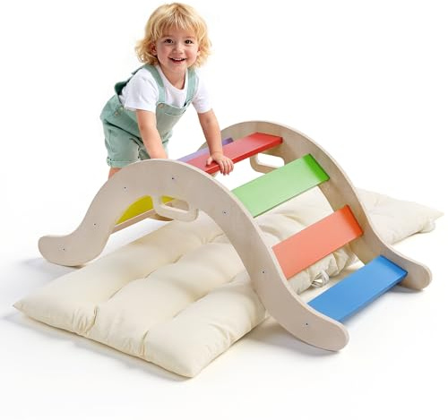 2-in-1 Montessori Indoor-Kletterrahmen, Innenkletterndreieck mit gemütlichem Kissen, Rutschen für Kinder, Montessori Indoor-Spielplatz für 1-3 Jahre (Regenbogenfarbe-2,5 cm)