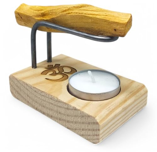 Quemador Artesanal en Madera con Símbolo OM para Palo Santo e Incienso | con Base para Vela de Té | Relajación, Aromaterapia y Meditación | Incluye Palo Santo y Velita