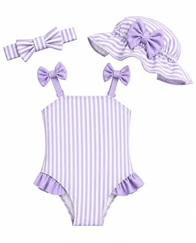 DivingBirds Traje de baño para niña de 3 piezas con sombrero para el sol y diadema, traje de baño de una pieza para bebé, niña, traje de baño de protección UV para 3 meses - 3 años