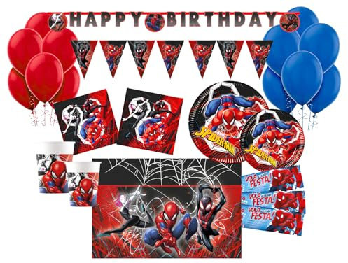 WOOPARTY Kit Compleanno Spiderman 24 Ospiti, Set Festa Bambini con 24 Bicchieri, 24 Piatti, 40 Tovaglioli, Inviti, Palloncini, Tovaglia e Decorazioni