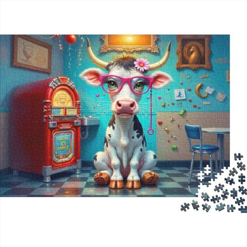 Cartoon Cow with Glasses 1000 Piece Adult Jigsaws: Cow with Pink Hair at Jukebox Educational Games Suitable for Decompression 52x38cm/1000pcs