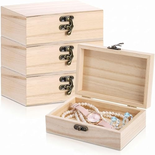 Dexpally 4 Stück Holzkiste mit Deckel Kleine, 15 x 10 x 5cm Holzkiste Klein, Deckel Holzbox mit Scharnieren Erinnerungskiste Holzbox für DIY, Aufbewahrung