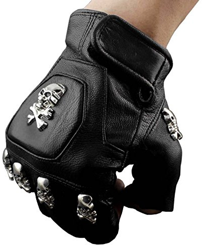 Mens Real Leather Skull Punk Rocker Driving Motorcycle Biker Fingerless Gloves