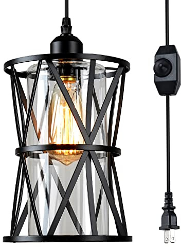 HMVPL Farmhouse Plug in Pendant Light, Outdoor Swag Lamp with Plug in Cord On/Off Dimmer, Plug in Hanging Light Fixture for Dining Room Bedroom Kitchen Island(1 Pack)
