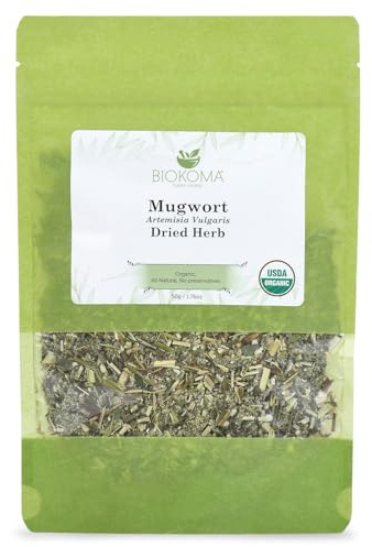 Biokoma Organic Mugwort Dried Herb 50g 1.76oz Artemisia vulgaris USDA Organic Herbal Tea Premium Cut Aromatic Leaves Lucid Dreaming Bath Resealable Pouch No Additives No Preservatives No GMO Kosher