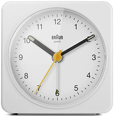 Braun Klassischer analoger Wecker Schlummerfunktion und Licht, ruhiges Quarzuhrwerk, Crescendo-Alarm, weißes Modell BC03W
