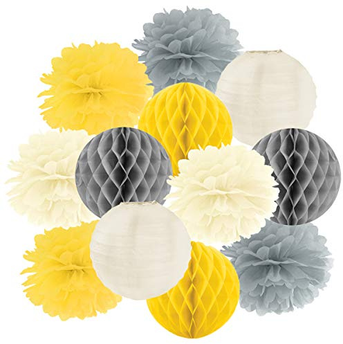 Hängedekoration 12 teilig Mix - Lampions, Wabenbälle/Honeycombs, Pompoms (gelb / grau / creme)