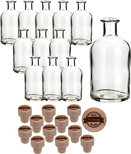 gouveo 12er Set Glasflasche 250 ml (0,25 l) Glasflasche 250 ml Apotheker Korkverschluss mit Holzgriff (Gravur „Premium Quality“) leere Klarglasflaschen zum Befüllen für Likör, Öl, Essig, Sirup (HGK)