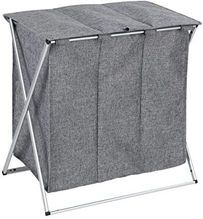 WENKO Wäschesammler Trio Top Grau meliert, Stabiler Wäschekorb mit Deckel und Tragegriffen, viel Stauraum mit 118 l und DREI Fächern, platzsparend zusammenfaltbar (B x H x T): 57 x 57 x 38 cm