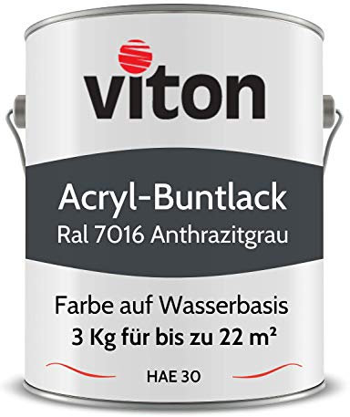 Viton Buntlack 3 Kg Anthrazit - Seidenmatt - Für Außen und Innen - 3in1 Grundierung & Lack - HAE 30 - Nachhaltige Farbe auf Wasserbasis für Holz, Metall & Stein - RAL 7016 Anthrazitgrau