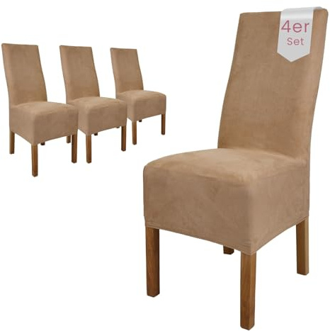 Scheffler Home Stuhlhussen Beige 4er Set Velours Stretch Leon | Elastische und waschbare Stuhlbezüge,Öko-Tex zertifiziert,für Esszimmerstühle, Hochlehner und Polsterstühle