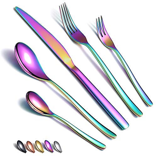HOMQUEN 30 Stück Regenbogen Besteck Set aus Edelstahl, Titanbeschichtung, Utensiliensets Service-Set für 6 (Glänzend)