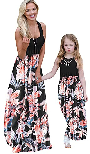 Yming Mutter und Tochter Kleid Set Ärmellose A-Linie Kleid Strand Maxilang Sommerkleid